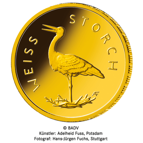 Vorderseite Goldmünze 1/8 Unze 20 Euro Heimische Vögel Weißstorch 2020, der Hersteller Münze Deutschland