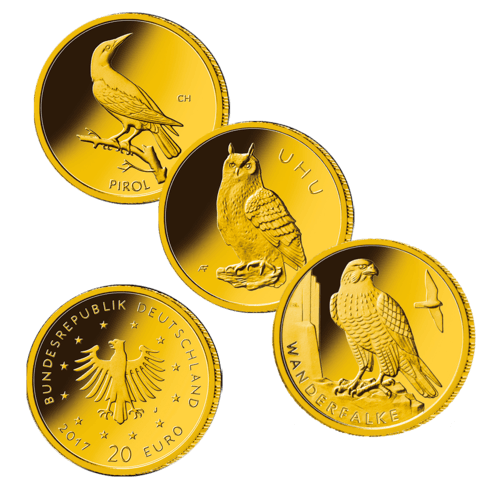 Vorderseite 3 Goldmünzen und Rückseite Goldmünze 1/8 Unze 20 Euro Heimische Vögel diverse Jahrgänge, der Hersteller Div. dt. Prägeanstalten