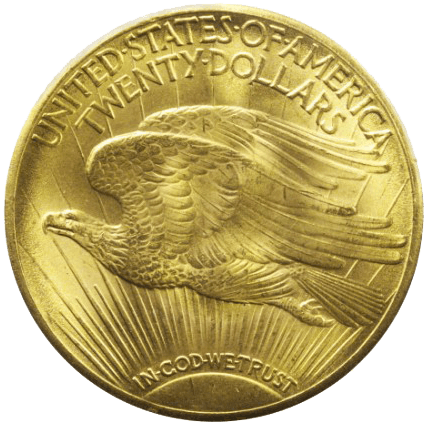 Rückseite Goldmünze 20 US-Dollar St. Gaudens Double Eagle diverse Jahrgänge, der Hersteller United States Mint
