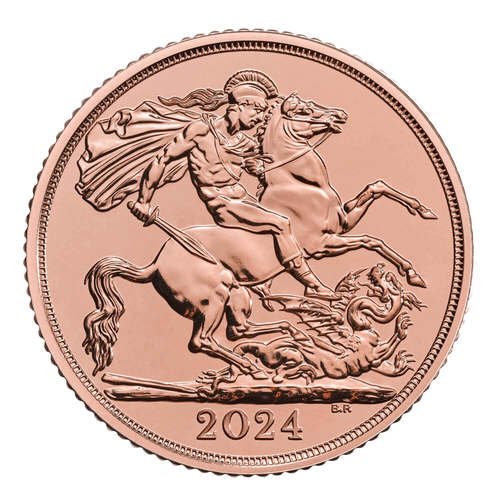 Vorderseite Goldmünze 14,64 Gramm 2 Pfund Double Sovereign 2024, der Hersteller Royal Mint