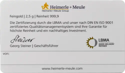 Rückseite Geschenkgoldbarren FineCard Hochzeit 2,5 Gramm, der Hersteller Heimerle & Meule
