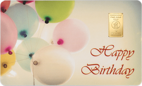 Vorderseite Geschenkgoldbarren FineCard Happy Birthday 1 Gramm, der Hersteller Valcambi