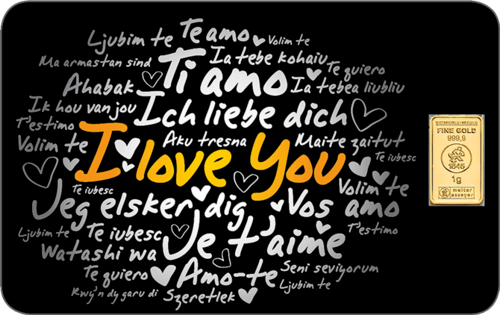 Vorderseite Goldbarren FineCard I Love You 1 Gramm, der Hersteller Heimerle & Meule