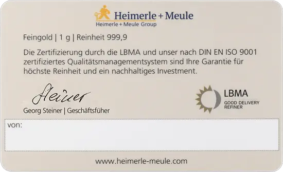 Rückseite Goldbarren FineCard Notgroschen 1 Gramm, der Hersteller Heimerle & Meule