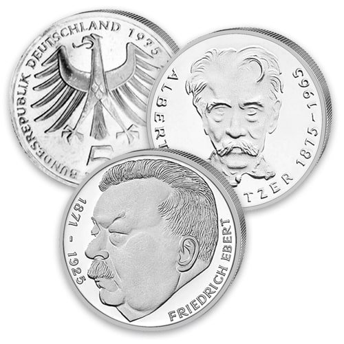 Vorderseiten der 5 DM Silber Gedenkmünzen 1953 bis 1979 von Hersteller Div. dt. Prägeanstalten
