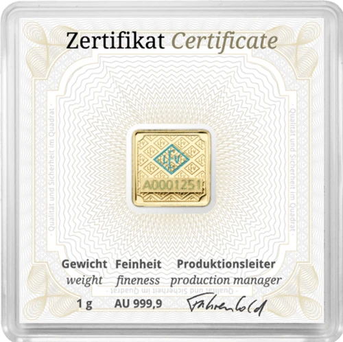 Rückseite Goldbarren original 1 Gramm in Sicherheitskapsel inkl. Echtheitszertifikat, der Hersteller Geiger Edelmetalle AG
