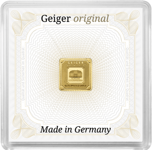 Vorderseite Goldbarren original 1 Gramm in Sicherheitskapsel inkl. Echtheitszertifikat, der Hersteller Geiger Edelmetalle AG