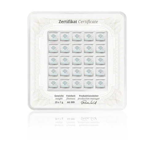Rückseite der 25 x 1 Silberbarren Geiger original Multicard von Hersteller Geiger Edelmetalle AG mit originalem Echtheitszertifikat