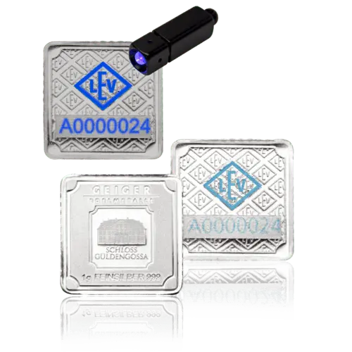 Rückseite der 25 x 1 Silberbarren Geiger original Multicard von Hersteller Geiger Edelmetalle AG mit Sicherheitskapsel 