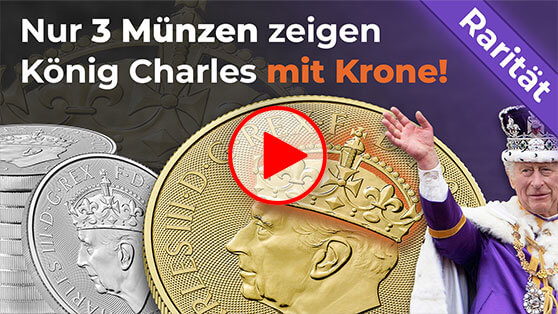 Drei Münzen zeigen König Charles mit Krone