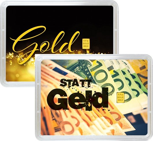 Vorderseite 2 Geschenkgoldbarren Gold statt Geld 0,5 Gramm, der Hersteller Valcambi