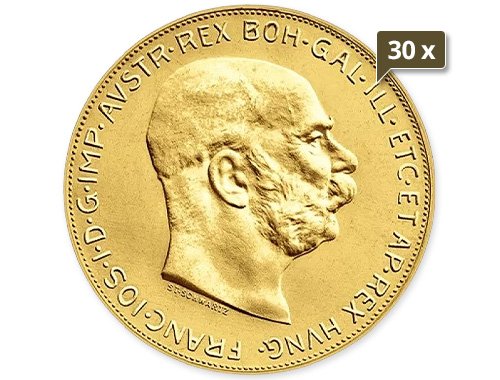 30 x 30,49 g Gold Österreich 100 Kronen 1915 prägefrische Nachprägung