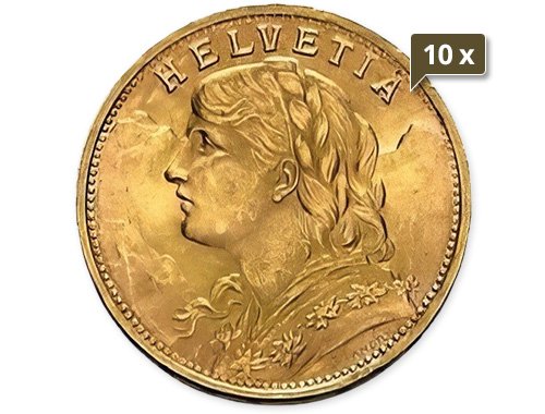 10 x 5,81 g Gold Vreneli 20 Franken diverse Jahrgänge