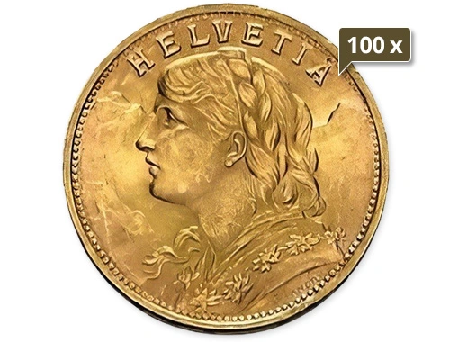 100 x 5,81 Gold Vreneli 20 Franken diverse Jahrgänge 100 x 5,81 Gold Vreneli 20 Franken diverse Jahrgänge