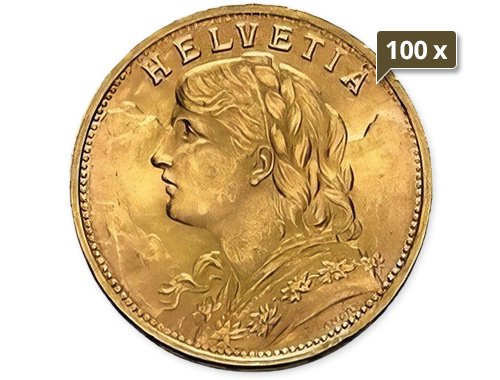 100 x 5,81 Gold Vreneli 20 Franken diverse Jahrgänge