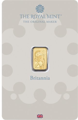 Vorderseite Goldbarren Britannia 1 g in spezieller Blisterkarte mit Zertifikat, der Hersteller Royal Mint