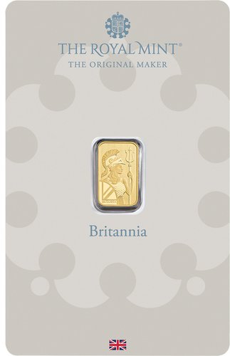 Vorderseite Goldbarren Britannia 1 g in spezieller Blisterkarte mit Zertifikat, der Hersteller Royal Mint