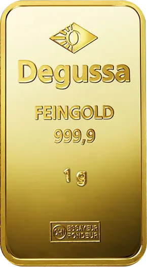 Vorderseite Goldbarren 1 Gramm, der Hersteller Degussa