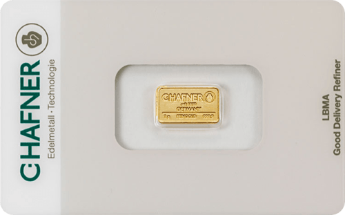 Vorderseite Goldbarren 1 Gramm in spezieller Blisterkarte mit Zertifikat, der Hersteller C. Hafner