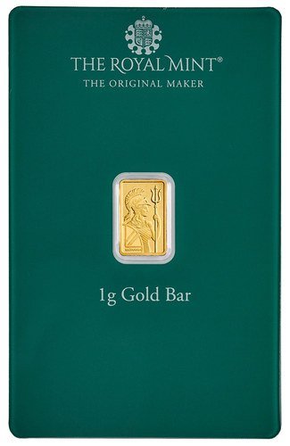 Vorderseite Goldbarren Britannia Christams 1 g in spezieller Blisterkarte mit Zertifikat, der Hersteller Royal Mint