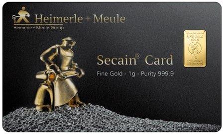1g Goldbarren Secain Card Heimerle und Meule, vorne 