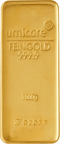 Vorderseite Goldbarren 1 Kilogramm, der Hersteller Umicore