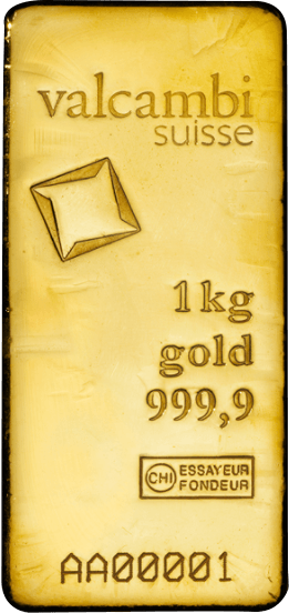 Vorderseite Goldbarren 1 Kilogramm, der Hersteller Valcambi