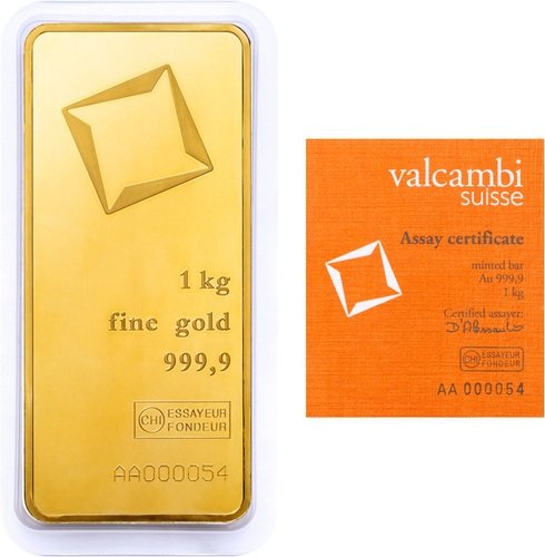 Vorderseite Goldbarren 1000 Gramm einzeln im Blister verschweißt, inkl. Echtheitszertifikat, der Hersteller Valcambi