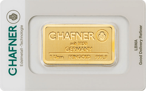 Vorderseite Goldbarren 1 Unze in spezieller Blisterkarte mit Zertifikat, der Hersteller C. Hafner