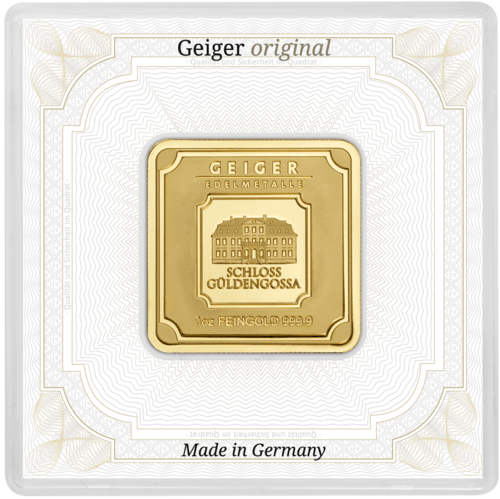 Vorderseite Goldbarren original 1 Unze, der Hersteller Geiger Edelmetalle AG