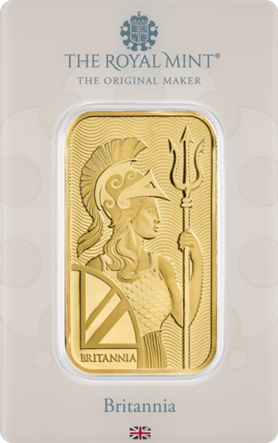 Vorderseite Goldbarren Britannia 1 Unze in spezieller Blisterkarte mit Zertifikat, der Hersteller Royal Mint