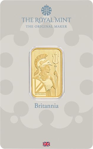 Vorderseite Goldbarren Britannia 10 g in spezieller Blisterkarte mit Zertifikat, der Hersteller Royal Mint