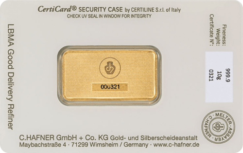 10 g Goldbarren C. Hafner geprägt Rückseite