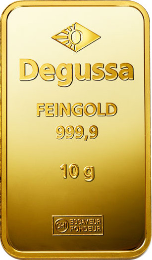 Vorderseite Goldbarren 10 Gramm, der Hersteller Degussa