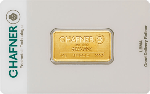 Vorderseite Goldbarren 10 Gramm in spezieller Blisterkarte mit Zertifikat, der Hersteller C. Hafner