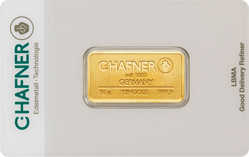 Vorderseite Goldbarren 10 Gramm in spezieller Blisterkarte mit Zertifikat, der Hersteller C. Hafner