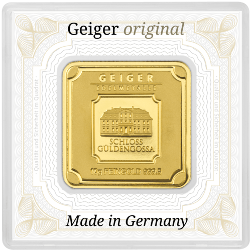 Vorderseite Goldbarren 10 Gramm in Sicherheitskapsel inkl. Echtheitszertifikat, der Hersteller Geiger Edelmetalle AG