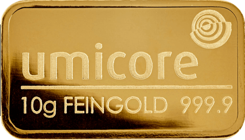 Vorderseite Goldbarren 10 Gramm, der Hersteller Umicore