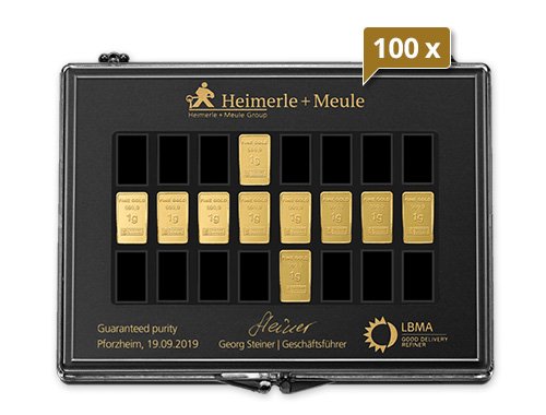 100 x 10 x 1 g Gold UnityBar Collection Heimerle und Meule