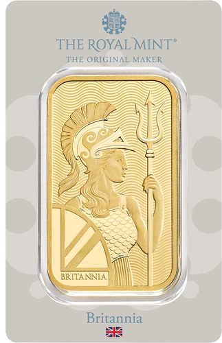 Vorderseite Goldbarren Britannia 100 g in spezieller Blisterkarte mit Zertifikat, der Hersteller Royal Mint