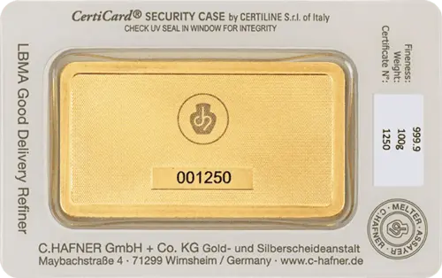 Rückseite Goldbarren 100 Gramm in spezieller Blisterkarte mit Zertifikat, der Hersteller C. Hafner
