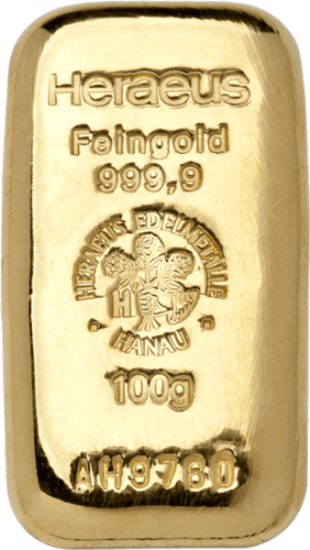 100 g Goldbarren Heraeus gegossen (lagernd Frankfurt)