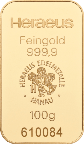 100 g Goldbarren Heraeus geprägt (zollfrei)