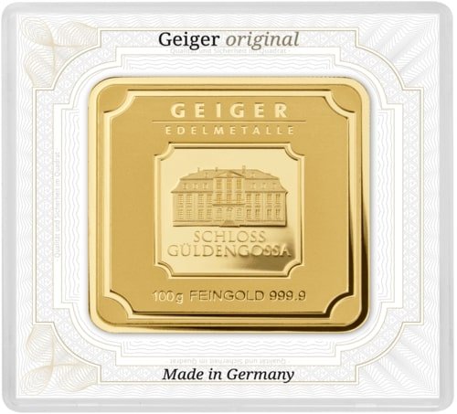 Vorderseite Goldbarren 100 Gramm in Sicherheitskapsel inkl. Echtheitszertifikat, der Hersteller Geiger Edelmetalle AG