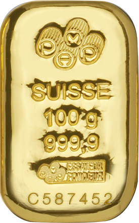 Vorderseite Goldbarren Suisse 100 Gramm in spezieller Blisterkarte mit Zertifikat, der Hersteller PAMP