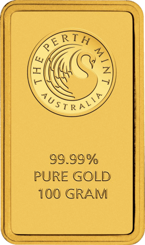 Vorderseite Goldbarren 100 Gramm, der Hersteller Perth Mint