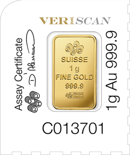 Rückseite 1 Goldbarren von Multigram Goldtafel Suisse Fortuna 12x1 Gramm in spezieller Blisterkarte mit Zertifikat, der Hersteller PAMP