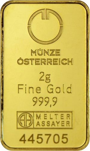 Vorderseite Goldbarren 2 Gramm, der Hersteller Münze Österreich