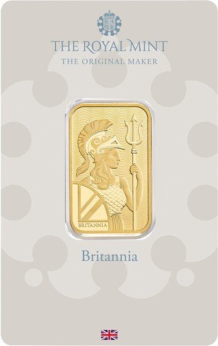 Vorderseite Goldbarren Britannia 20 g in spezieller Blisterkarte mit Zertifikat, der Hersteller Royal Mint