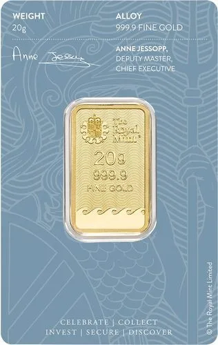 Rückseite Goldbarren Britannia 20 g in spezieller Blisterkarte mit Zertifikat, der Hersteller Royal Mint
